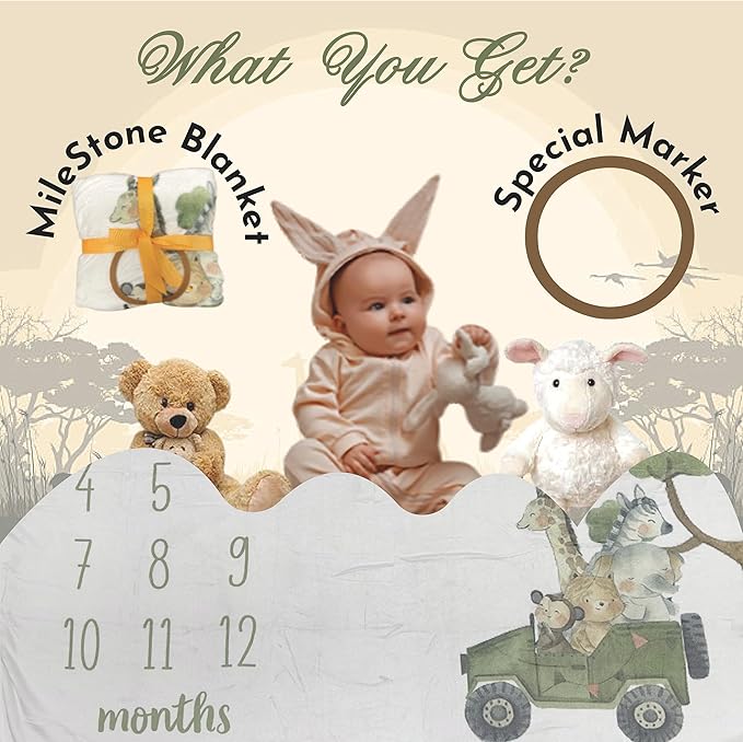 Baby Monthly Milestone Blanket Unisex | Soft Fleece, Safari Design | Newborn Photography Backdrop | Neutral Pastel Colors | 48" x 40