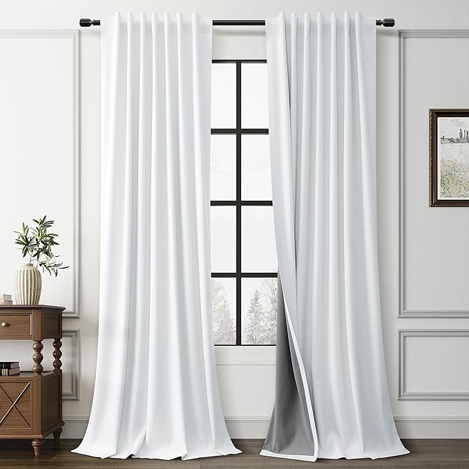 Guken White Linen 100% Blackout Curtains 102 Inches Long Back Tab Thick Luxury Linen Textured Thermal Light Blocking Privacy Curtain for Room Divider Living Room Sliding Door 2 Panel Sets 52x102