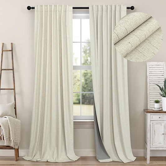Primitive Curtain 108 Inch Long 2 Panels Burg Linen Textured 9 ft Floor Length to Ceiling Traverse Curtains for Living Room Extra Wide Extreme Blackout Drapes Sun Blocking Sound Absorbing Cream Beige