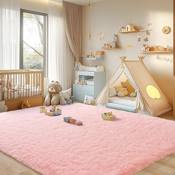 Merelax Modern Soft Fluffy Small Shaggy Rug for Bedroom Livingroom Dorm Kids Room Indoor Home Decorative, Non-Slip Plush Furry Fur Area Rugs Comfy Nursery Accent Floor Carpet 5X7 Feet,Pink