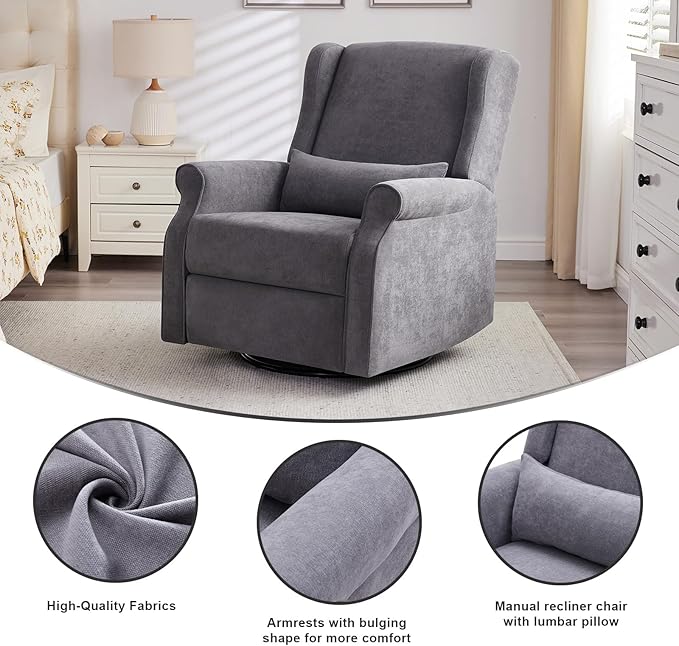 Nursery Swivel Glider Recliner,Rocking Chair Nursery with Footrest,Rocking Recliner Chair for Nursery,Glider Rocker Recliner for Living Room & Bedroom,Grey