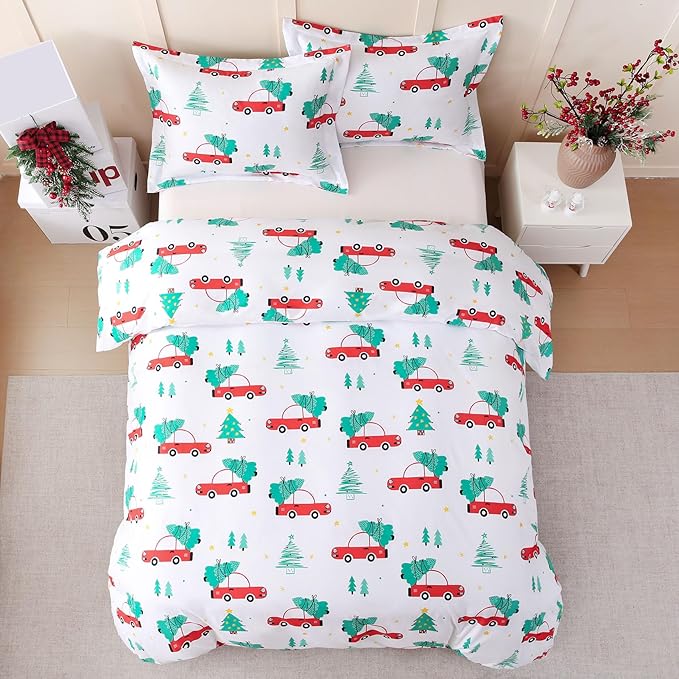 JSD Red Cars Kids Christmas Duvet Cover Set Full Size, 3 Piece Xmas Comforter Cover with Pillow Sham Zipper Closure, Comforter Not Included