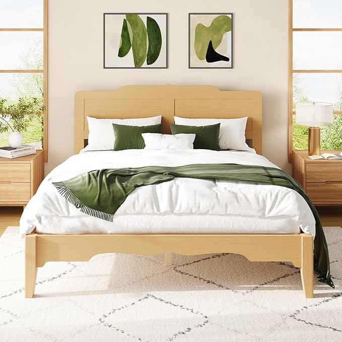 Queen Bed Frame with Headboard, Wooden Platform Bed with Wood Slats Support, Modern Bed Frame with Storage&Charging Station, No Box Spring Needed, Easy Assembly, Noise Free, Natural
