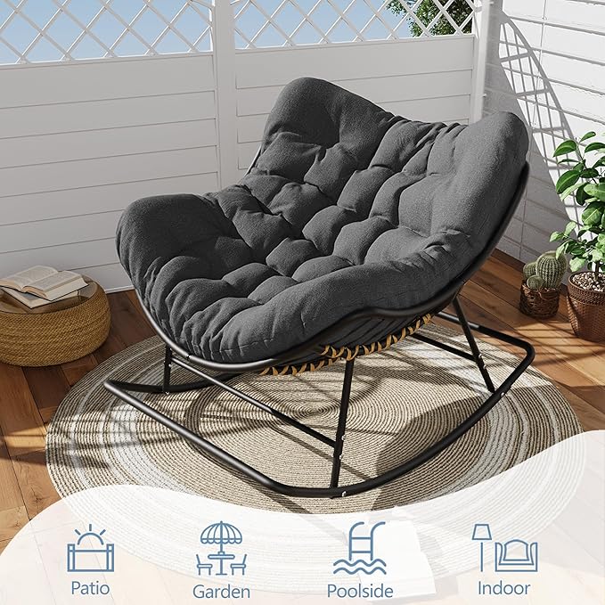 SWITTE Outdoor Papasan Rocking Chair, Oversized Egg Lounge Chair with Thick Cushion, Supports 450 lbs, Comfy Rocker for Patio, Balcony, Porch, or Indoor Living Room-Dark Grey
