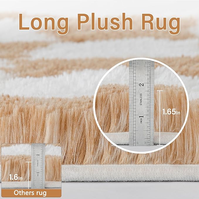 Checkered Rug 6x9 for Living Room, Beige and White Modern Shag Rug Washable Non-Slip Large Area Rug Super Soft Indoor Fuzzy Carpet Fluffy Rugs for Bedroom Home Aesthetic Decor