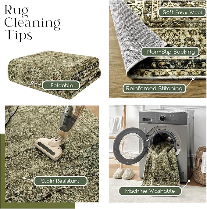 Boho Washable Runner Rug for Kitchen,Non Slip Rubber Backing Non Skid Oriental Floral Vintage Long Carpet Runners for Hallway Entryway Indoor Doormat Bedroom,2x6 6ft,Moss Olive Green Beige