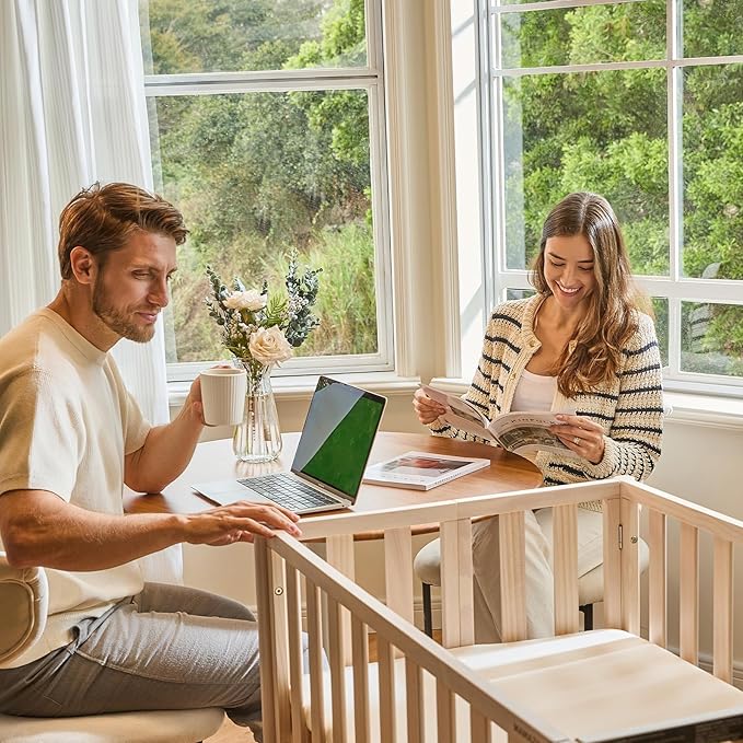 MAMAZING EvoNook 6-in-1 Convertible Mini Crib, 100% New Zealand Wood, 4 Adjustable Mattress Heights, Crib with Mattress,GREENGUARD Gold Certified, Washed Natural