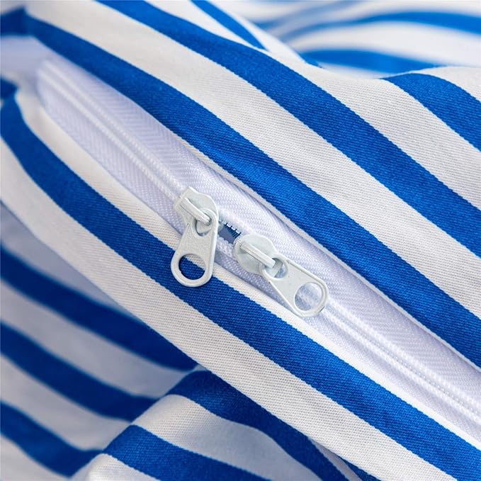 JELLYMONI 100% Natural Cotton 3pcs Striped Duvet Cover Sets,White Duvet Cover with Blue Stripes Pattern Printed Comforter Cover,with Zipper Closure & Corner Ties(King Size)