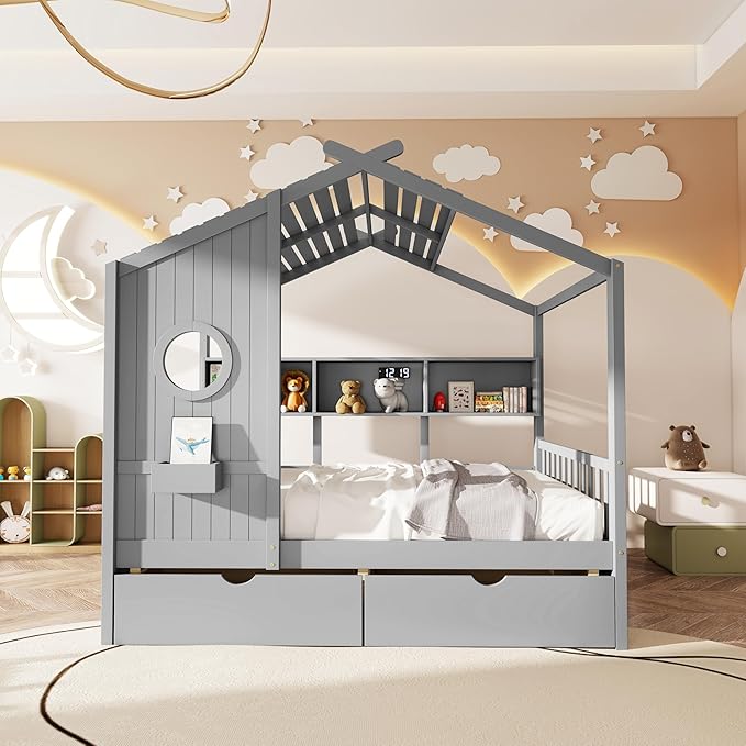 Aoowow Full Size House Bed with Storage Shelves and Drawers, Wood Platform Kids House Bed with Window and Roof for Bedroom, Full Playhouse Bed Frames for Boys Girls, Can be Decorated, Grey