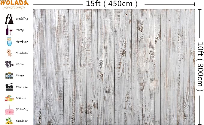 WOLADA 15x10FT Vintage Wood Backdrop Retro Rustic White Gray Wooden Floor Backdrops for Photography Kids Adult Photo Booth Video Shoot Vinyl Studio Prop 11890