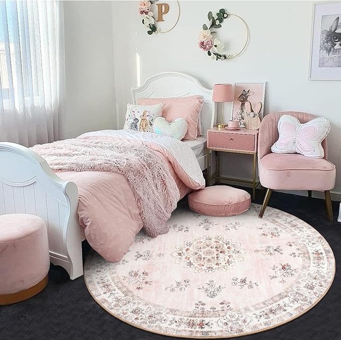Lahome Washable Pink Round Rug 4ft, Soft Europe Vintage 4x4 Circle Rug for Nursery Girls Bedroom, Non-Slip Floral Pastel Circular Carpet for Living Room Indoor Floor Home Office Decor