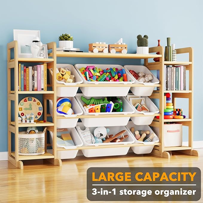 SpaceAid Large Toy Storage Organizer 9 Shelves 9 Bins, Toy Organizers Storage Bookshelf, Kids Bin Shelf Toys Box Bookcase for Bedroom Playroom Organization Room Decor, White