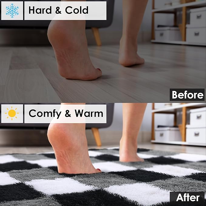 KICMOR Area Rugs for Bedroom Living Room, 4x6 Fluffy Soft Black White Grey Checkered Rug Fuzzy Shag Shaggy Floor Carpet, Indoor Plush Furry Rugs for Kids Boys Girls Room Nursery Playroom Home Decor