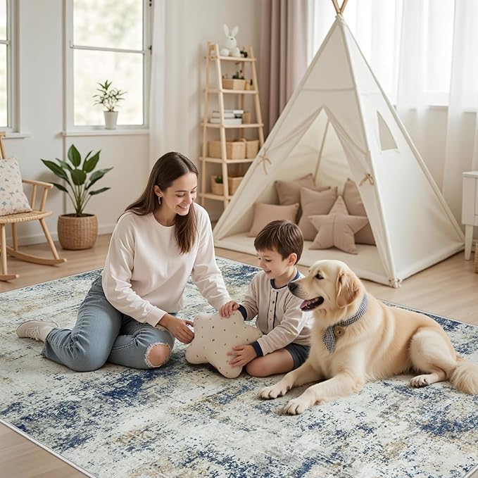 9x12 Area Rugs Living Room Rugs: Large Washable Rug with Anti-Slip Backing Non-Shedding Stain-Resistant Soft Abstract Carpet for Bedroom Dining Room Nursery Hallway Indoor Home Office Blue Brown