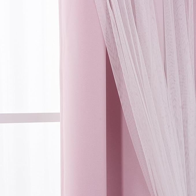 INLINAS Pale Pink Blackout Curtains with Sheer Overlay - Grommet Top Thermal and Noise Reduction Panels for Bedroom and Living Room Light Blocking and Energy Saving, 52 x 84 Inches, Set of 2