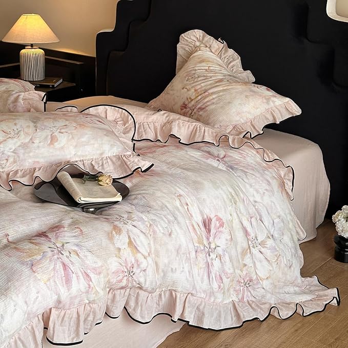 HighBuy Ruffle Floral Bedding Linen Duvet Cover King,Yarn-Dyed Cotton Linen Textured Breathable Cottagecore Bedding Set for Women Girls,1 King 104"x90" Duvet Cover and 2 Ruffle Pillowcases