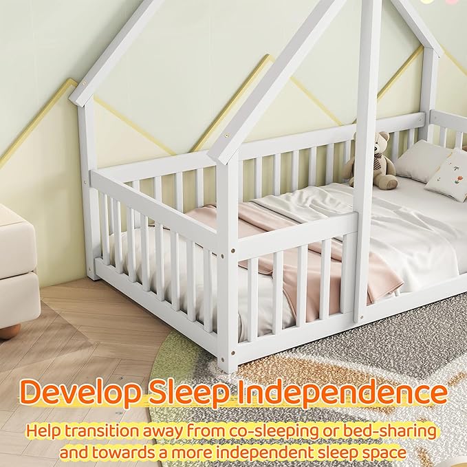 Casaphoria Full Size House-Shaped Montessori Bedframe, Solid Pine Wood Kids Bed Frame, Toddler Floor Bed with Door & Fence for 1-3 Years Old Kids, White