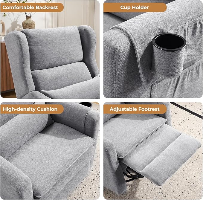 Swivel Rocker Recliner Chair,Comfy Glider Rocker Recliner with Adjustable Headrest,Rocking Chair Nursery for Living Room & Bedroom,Chenille,Grey