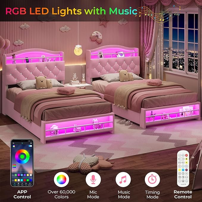 BTHFST Twin Bed Frame with Storage Headboard & 4 Drawers, Girl Upholstered Storage Bed with LED Lights & Charging Station, No Box Spring Needed, Easy Assembly, Pink