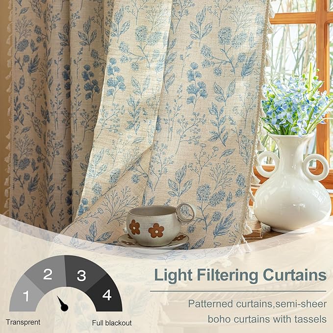 OYX Blue Floral Light Filtering Boho Curtains 84 Inch Long 2Panels For Living Room, Country Farmhouse Rustic Vintage French Drapes, Flower Printed Rod Pocket Privacy Decor Drapes For Bedroom Aesthetic
