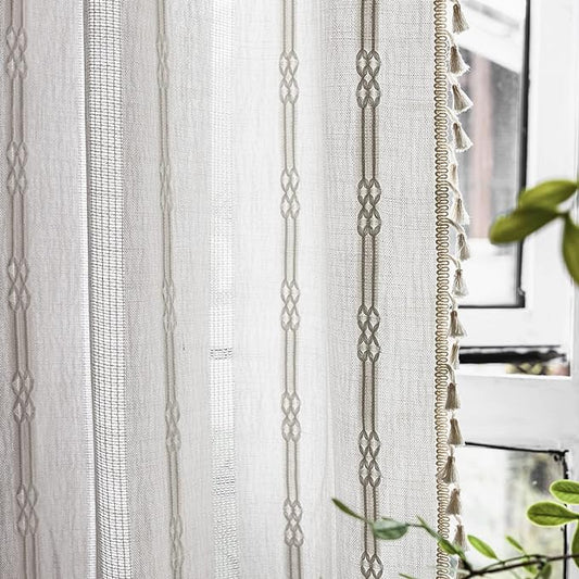 Deeprove Boho Curtain 84 Inches Long, Cotton Linen Nordic Scandinavian Style White Stripes Embroidery Shabby Chic Hollow Geometric, Semi Blackout Window Vintage Drape Tassels, 1 Panel W52 x L84