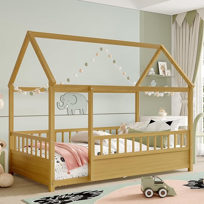 Ball & Cast Twin Size House Bed Frame,Montessori Floor Bed with Safety Fence and Roof for Kids,Wood Platform Bedframe W/Open Door for Girls Boys,Bedroom,Playroom,Easy Assembly,Natural