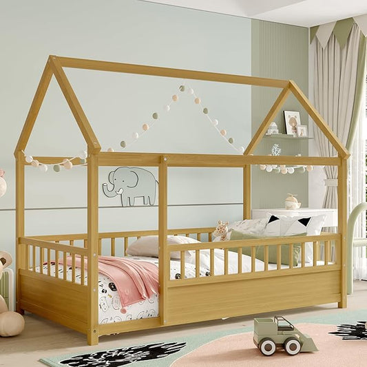 Ball & Cast Twin Size House Bed Frame,Montessori Floor Bed with Safety Fence and Roof for Kids,Wood Platform Bedframe W/Open Door for Girls Boys,Bedroom,Playroom,Easy Assembly,Natural