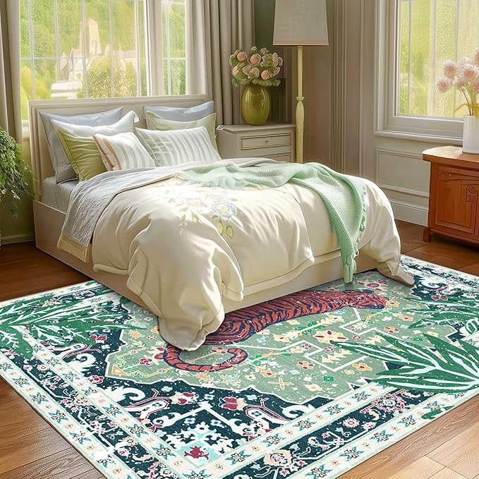 Washable Non-Slip 5x8 Green Tiger Rug for Boys Room Bedroom Dining Room Boho Vintage Tropical Animal Cheetah Print Jungle Rug Soft Cozy Whimsical Woodland Carpet for Playroom Living Room