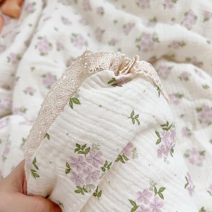 BuLuTu Purple Flower Baby Quilts for Kids Muslin Comforter Large Thin Summer Quilt for Crib/Cradle/Cot, 2-Layer Muslin Toddler Blanket Purple Perilla Pattern, 47x59 Inch