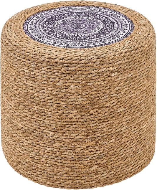 Wimarsbon 18'' Ottoman Pouf, Natural Braided Poof, Rustic Handweave Lounge Pouffe, Boho Footrest Stool for Bedroom, Accent Table for Living Room (18inch Natural Cattail-Boho Style 2)