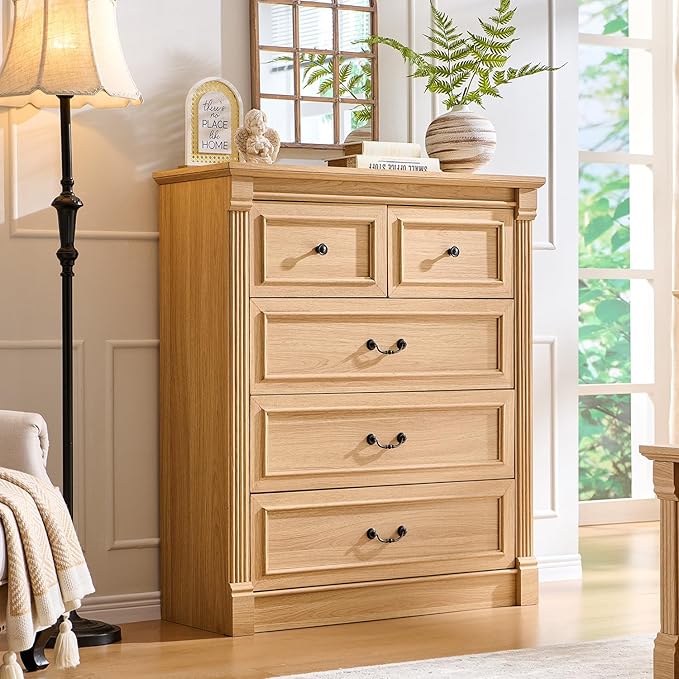 5 Drawers Dresser for Bedroom, Farmhouse 46" Tall Dressers & Chests of Drawers w/Roman Column, Wood Rustic Closet Dresser w/Two Different Drawer Sizes for Bedroom, Living Room, Natrual