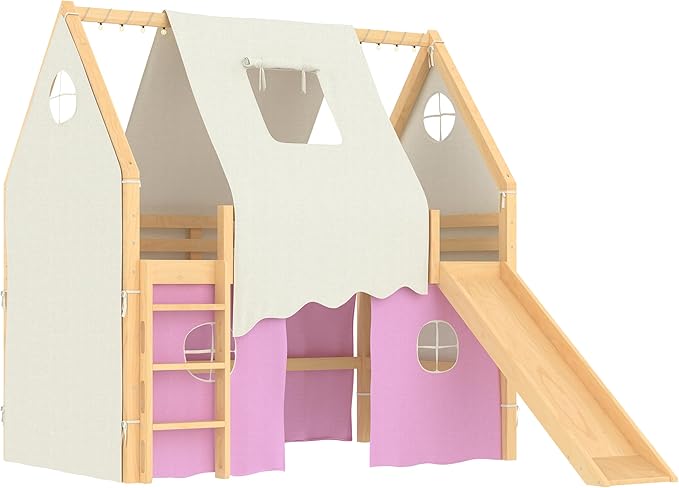Playhouse Design Full Size Loft Bed with Slide & Tent, Solid Wood Tent Bed Frame for Kids Boys Girls, Versatile Spacious Under Bed Space, Chic Design with Lights (Natural+Pink-Full)