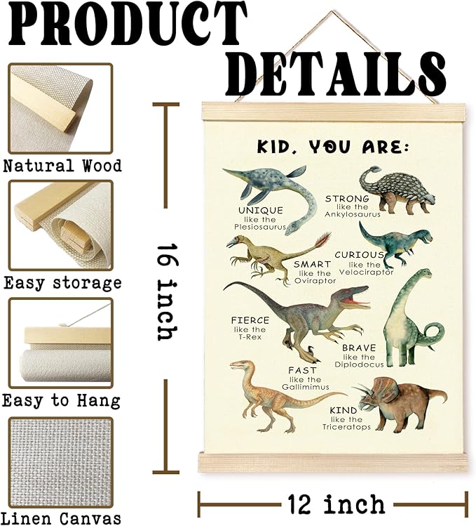 Hiuwevt Dinosaur Nursery Poster Hanger Frame, Dinosaur Room Decor for Boys, Inspirational Educational Dinosaurs Wall Art Decor for Classroom Kids Boys Room Home, 12x16 Inch