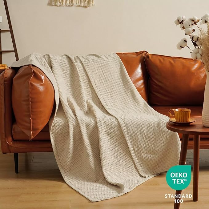 PHF 100% Cotton Waffle Muslin Throw Blanket Large 50" x 70", Lightweight and Breathable Washed Cotton Blanket, Aesthetic Soft Muslin Waffle Bedding for Sofa Bed Home Decor, Oak