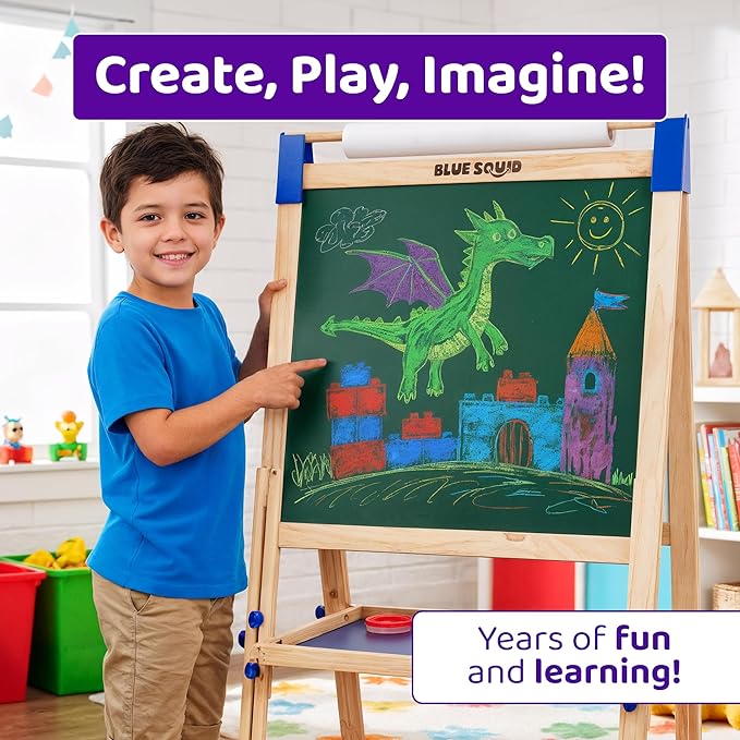 Blue Squid Art Easel for Kids with Paper Roll x 3, Includes 100+ Accessories, Double Sided Adjustable Wooden Painting Easel with Magnetic Chalk Board, White Board for Toddlers Ages 3,4,5,6,7,8,9,10,12