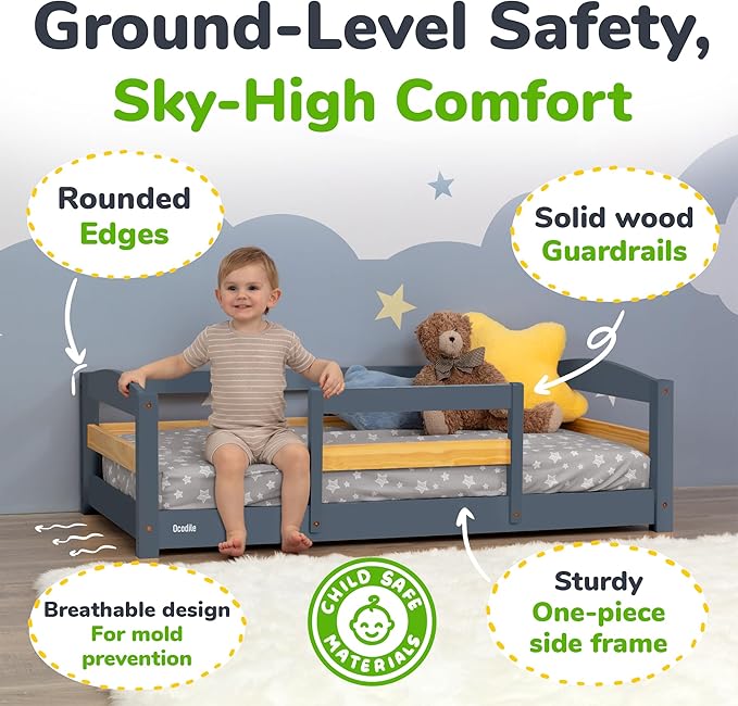Ocodile Toddler Bed with Rails | Low Montessori Floor Bed Frame for Kids | Standard Crib Size Wooden Frame for Independent Toddlers 1-3 - Gray