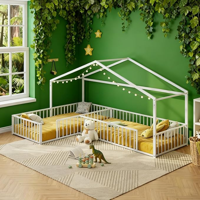 Double Twin Size L-Shaped Floor Bed,Metal Corner House Bed Frame with Fence,House-Style Floor Bed for 2 Kids,Without Slats,White