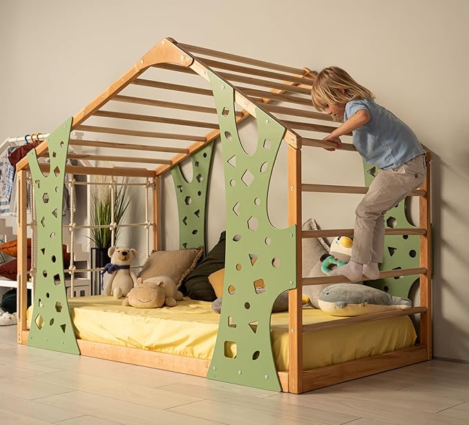 BUSY WOOD Climbing Bed for Toddler Monkey - Montessori Floor Bed Frame Jungle Gym - Twin, Full Bedframe