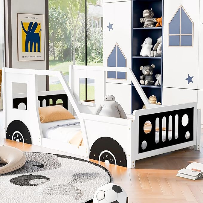 Twin Size Classic Car-Shaped Platform Bed with Wheels, 77.4" L x 41.7" W x 32" H White