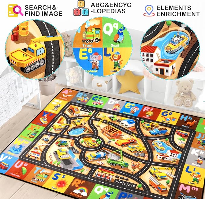 Construction Rug for Boys Room, Car Rugs for Kids Toy Cars,Non-Slip Baby Play Mat Ideal for Driving Toy Cars, Suitable for Daycare, Nursery, Preschool & Home Playroom,6x9FT