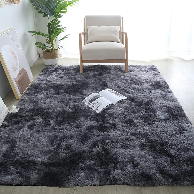 CAIYUECS Shag Area Rug,Indoor Ultra Soft Fluffy Plush Rugs for Bedroom Living Room, Non-Skid Modern Nursery Faux Fur Rugs for Kids Room Home Decor (Tie-Dyed Dark Gray, 3x5 Feet)