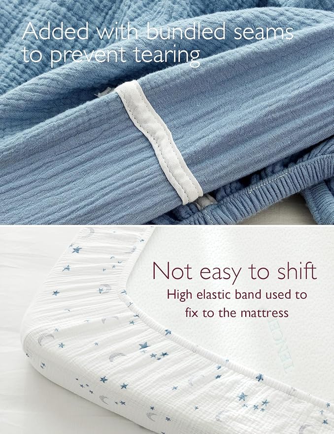 Momcozy Muslin Standard Fitted Crib Sheets, 52"x28", 2 Pack Soft Breathable Natural Cotton Baby Mattress Sheet, 360° Mattress Wrapping No Slip Boys Girls Neutral Toddler Bed Sheet, Blue Star Moon