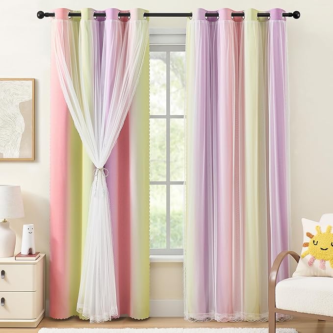 XiDi Pink Yellow Purple Blackout Curtains for Girls Bedroom 2 Panels Blackout Rainbow Curtain with Sheer Overlay Unicorn Wall Decals Drapes for Kids Nursery Room Grommet 52 Inches Wide 96 Inches Long