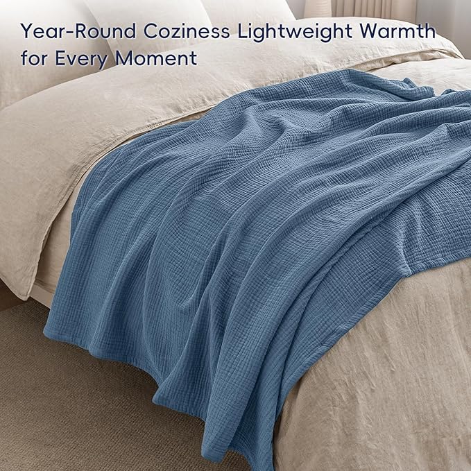 PHF 100% Cotton Muslin Throw Blanket 50" x 60", 4-Layer Lightweight Gauze Throw, Breathable Cloud-Soft Minimalist Blanket for Bed, Couch, Camping & Baby, Denim Blue, Ideal Gift