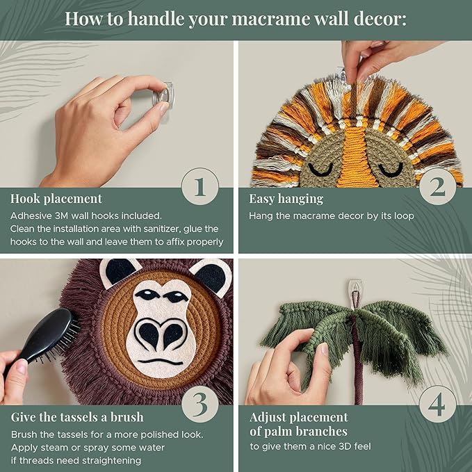 cosyLabels Macrame Nursery Decor: Safari Boho Baby Room Decor. Premium Jungle Wall Hanging with Hooks, Cotton Base. Lion, Monkey, 2x Palm Trees, Leaf