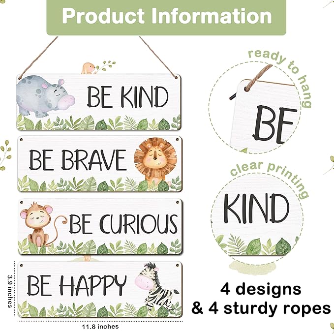 Woodland Nursery Decor, Safari Jungle Animals Boysroom Wall Sign Art, Motivational Bedroom Decorations for Kids Boys, 4 Pieces Wood Sign, 3.9x11.8 In-A05