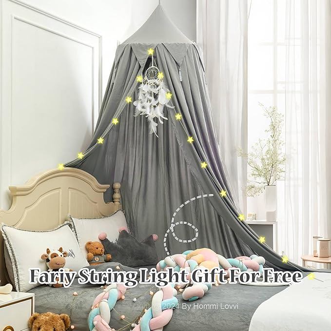 Princess Bed Canopy for Girls, Dreamy Tassels Ceiling Canopy Net Kids Room Decor Soft Canopy Reading Nook, Extra Large Canopies Full Queen Size with Lights - Grey