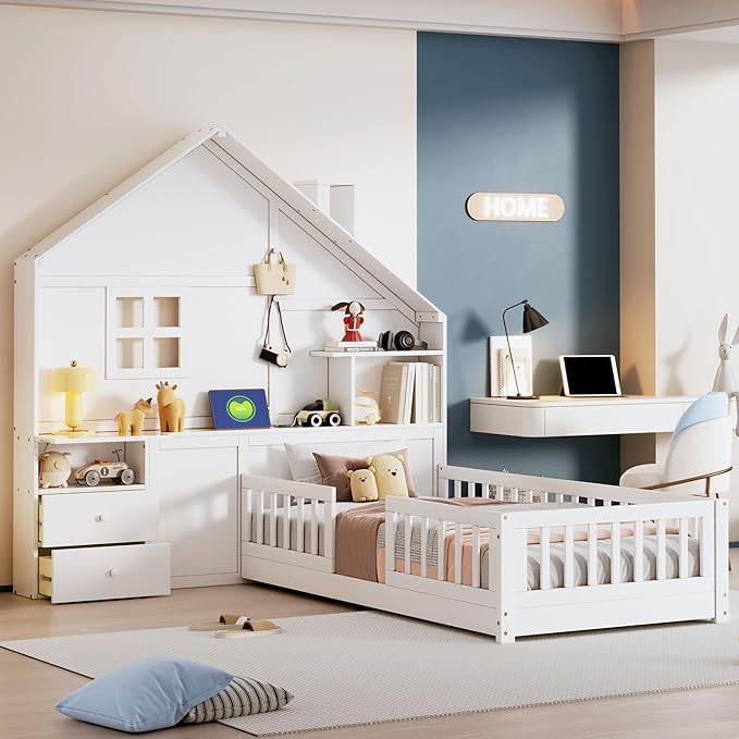 Twin Size Kids Floor Bed with Safety Fence, Solid Wood Montessori Platform Bed with House Shape Headboard with Bedside Drawers, Shelves, Sockets and USB Port for Kids Boys Girls (White-LT1)