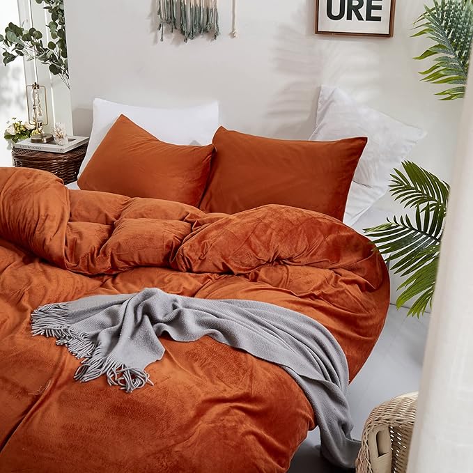 Houseri Burnt Orange Velvet Duvet Cover Queen - Rust Fluffy Bedding Set Full, Terracotta Comforter Cover, Cinnamon Flannel Fuzzy Bedding, Warm Caramel