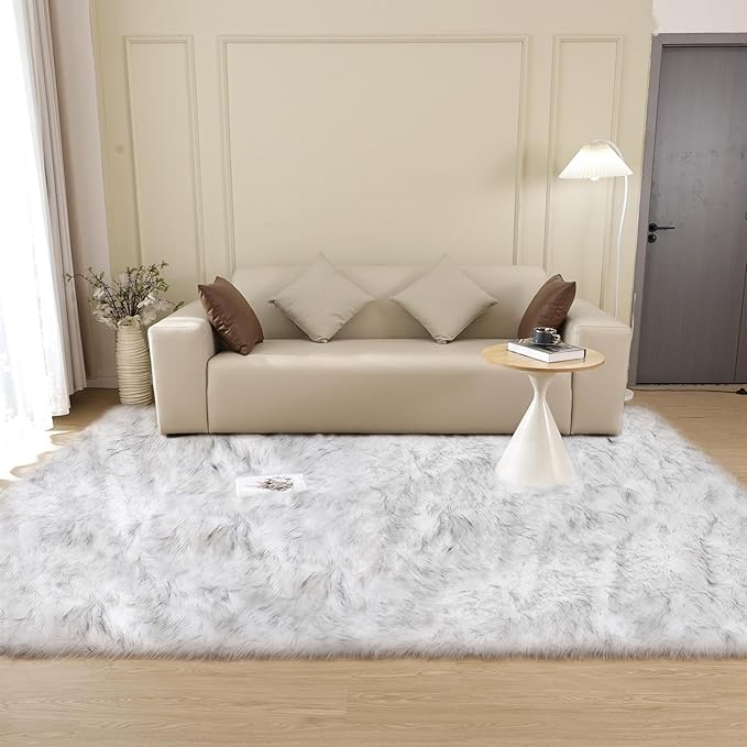 Gray and White Area Rug 6x9 Rugs for Bedroom Fuzzy Plush Large Sheepskin Washable Fluffy Fur Rug for Living Room Nursery Rug
